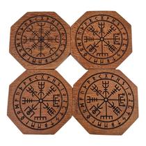 Porta Copos Vegvísir Viking Em Madeira Com Runas Porta Copos Vegvísir Viking Em Madeira Com Runas