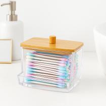 Porta Cotonete Acrílico Transparente com Tampa de Bambu Organizador Banheiro Porta Cotonete Acrílico Transparente com Tampa de Bambu Organizador Banheiro