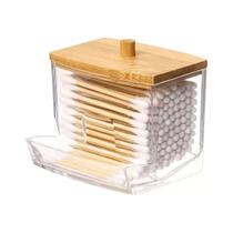 Porta Cotonete De Acrílico Transparente Com Tampa Bambu 9cm