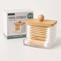 Porta Cotonete de Plastico 8x9cm Tampa em Bambu - Porta Cotonetes Com Bandeja Acrilico Cristal Tampa De Bambu - PANAMI