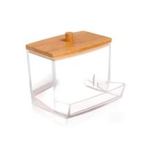 Porta Cotonete de Plástico com Tampa em Madeira Porta Cotonete de Plástico com Tampa em Madeira