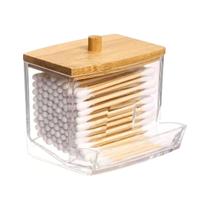 Porta Cotonete Em Acrílico Transparente C/Tampa Bambu 9cm