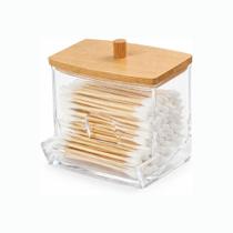 Porta Cotonetes em Acrílico com Tampa de Bambu 9x7cm Organizador para Banheiro Porta Cotonetes em Acrílico com Tampa de Bambu 9x7cm Organizador para Banheiro