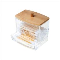 Porta Cotonetes Plástico Com Tampa De Bambu 8,5x7x7,8cm