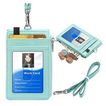 Porta-crachá PU Leather ID Card Holder Wallet com pescoço lanyard 2-sided bolso - Verde