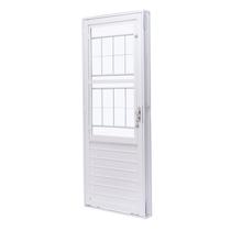 Porta de Aço com Postigo 215x83cm com Grade Quadriculada e Vidro Liso Unicsol Ramassol Branco