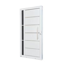 Porta de Aço Lambri 215x100cm com Friso e Puxador Inox Lateral Vidro Fumê Batente 12cm Qualitysol Ra Branco Ramassol