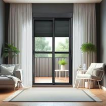 Porta de Correr com Persiana integrada com Motor e Controle Remoto 2 Folhas Móveis 220 X 200 Elite com Fecho Automático Vidro Liso Brimak