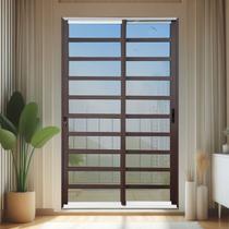 Porta de Correr com Travessas 2 Folhas Moveis 210 x 200 Elite com Fechadura Tetra Vidro Reflex Mix Corten Brimak Porta de Correr com Travessas 2 Folhas Moveis 210 x 200 Elite com Fechadura Tetra Vidro Reflex Mix Corten Brimak