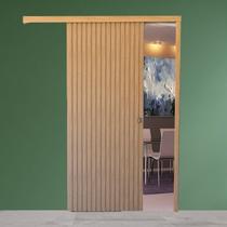Porta de Correr de Madeira Ripada Completa 210x82cm com Fechadura e Ferragens Marrom/Marfim Casablanca
