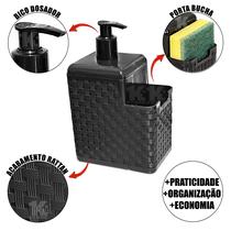 Porta Detergente 2 em 1 com Suporte para Esponja Bucha Dispenser de Pia Textura Rattan 550ml