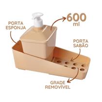 Porta Detergente Dispenser com Dosador Sabão Líquido Esponja Bucha Bege Preto Para Pia Cozinha Bancada