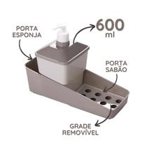 Porta Detergente Dispenser com Dosador Sabão Líquido Suporte Esponja Bucha Cinza Para Pia Cozinha Bancada