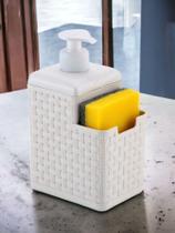 Porta Detergente e Esponja BRANCO Rattan Dispenser com Suporte P/ Bucha Sabonete