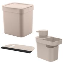 Porta Detergente+Lixeira 2,5L+Rodo Pia Compacto Bege Cozinha OU