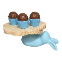 Porta Doce Coelho Azul Ceramica com Suporte Madeira Pascoa