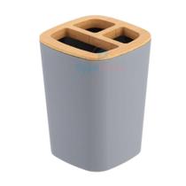 Porta Escova de Dente Cinza Detalhes em Bambu e Plastico Banheiro Moderno