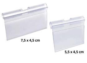 Porta Etiqueta de Preço PVC Cristal transparente KIT 100 Peças 75x45mm e 55x45mm display p/ gancho