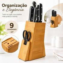Porta Facas de Bambu 9 Cavidades com Suporte para Tesoura Organizador de Cozinha Compacto e Elegante Porta Facas de Bambu 9 Cavidades com Suporte para Tesoura Organizador de Cozinha Compacto e Elegante
