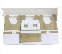Porta Fraldas de Varão para Quarto de Bebê Cáqui com Branco 03 Peças - Coleção Sensação
