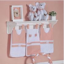 Porta Fraldas de Varão para Quarto de Bebê Salmão com Branco 03 Peças - Coleção Sensação - Happy Baby