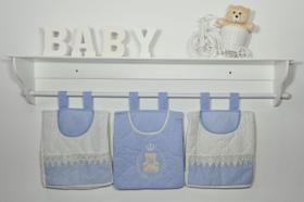Porta Fraldas De Varão Porta Treco 3 Peças Urso Tedy Príncipe Azul Bebê com Palha Porta Fraldas De Varão Porta Treco 3 Peças Urso Tedy Príncipe Azul Bebê com Palha