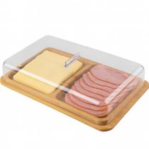 Porta Frios Duplo Queijo Presunto Bambu Tampa Resistente Acrilico Mesa Posta