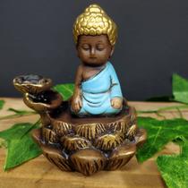 Porta incenso cascata buda flor de lótus envelhecido c/ azul 11cm