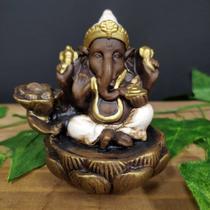 Porta incenso cascata ganesha flor de lótus envelhecido c/ branco 10cm