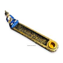 Porta Incenso Incensário Buda Tibetano Azul Dourado 20cm - EQUILIBRIO