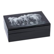 Porta joias em madeira e vidro preto com detalhe de elefante - DECORAQUI