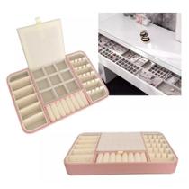 Porta Joias Gaveta Organizador De Acessórios Brincos Anéis Bijuterias Veludo E Couro