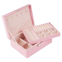 Porta Joias Grande Duplo Caixa Colar Bijuteria Portatil Aneis Pulseira com Chave Luxo