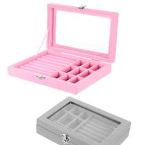 Porta Jóias Grande Veludo Maletinha Organizadora Anéis Pulseira Tampa de Vidro Tamanho 20X15CM