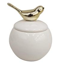 Porta Joias Pássaro Cerâmica Branco/Dourado12 cm