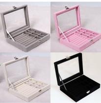 Porta Joias Tampa Vidro Organizador Veludo Divisória Fecho