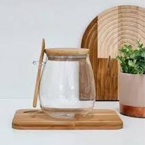 Porta mantimento de vidro redondo com tampa e colher em bambu 1 litro