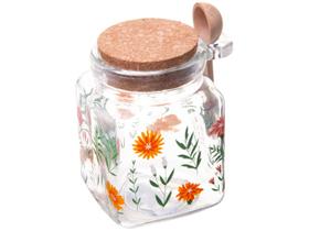 Porta Mantimento Quadrado De Vidro Com Tampa E Colher De Bambu Flora 270ml Lyor