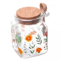 Porta Mantimento Quadrado De Vidro Com Tampa E Colher De Bambu Flora 270ml Lyor