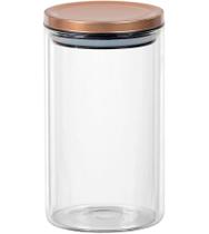 Porta Mantimentos 1 Litro 17,5cm Altura 10cm Diâmetro Vidro Borossilicato Tampa Em Metal Cobre
