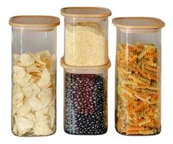 Porta Mantimentos de Vidro Tampa Bambu 4peças Alimentos Uz Porta Mantimentos de Vidro Tampa Bambu 4peças Alimentos Uz