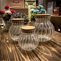 Porta Mantimentos Potes Borossilicato Baleiro Vidro Canelado Tampa Hermética de Bambu Kit 3 Peças