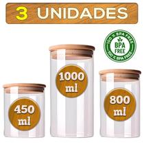 Porta Mantimentos Potes De Vidro Premium Frasco Hermético Condimentos Temperos Tampa De Bambu