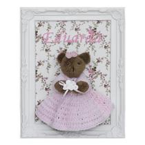 Porta Maternidade Quadro Ursa Marrom Vestido de Crochê e Buquê de Flor Quarto Bebê Infantil Menina
