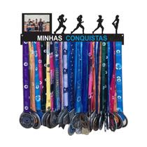 Porta Medalhas com foto Corrida Feminino Mdf preto com 20 ganchos