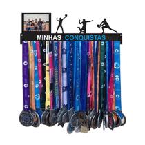Porta Medalhas Volei MINHAS CONQUISTAS QUADRO COM FOTO MDF Preto 20 Ganchos