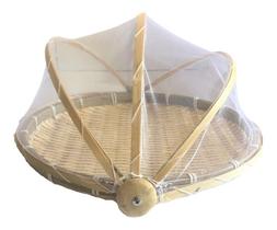 Porta Pão Bolos Cesto Redondo em Rattan Cobertura Retratil 30cm Bambu Natural - MUNDIART