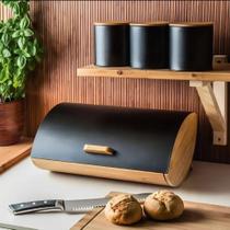 Porta Pão de Bambu com Tampa de Metal Organizador de Cozinha Moderna