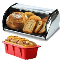 Porta Pão Inox Tampa Retrátil + Forma De Silicone Pães Bolos