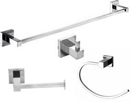 Porta Papel Higiênico Reto Metal + Cabide Inox Cromado + Porta Toalha de Banho 65cm + Toalheiro de Rosto Argola